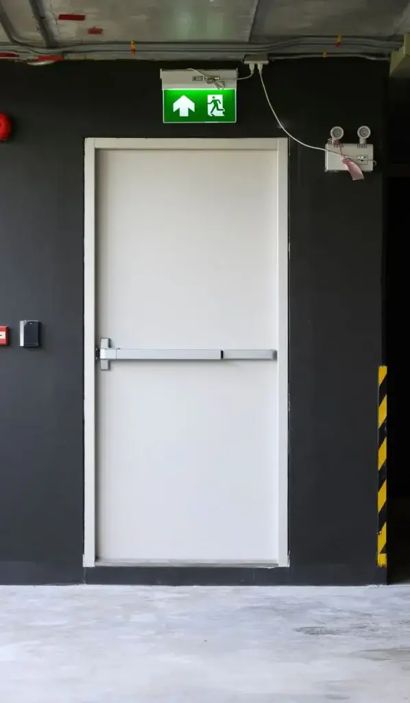 Self-closing fire door with an exit sign forming part of a building fire compartment