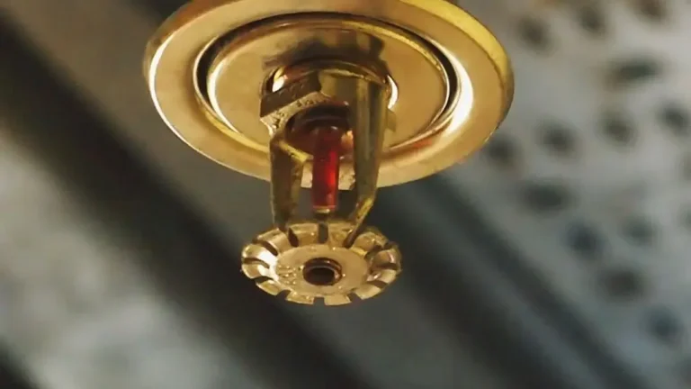 Close-up of a fire sprinkler head with a red glass bulb and deflector